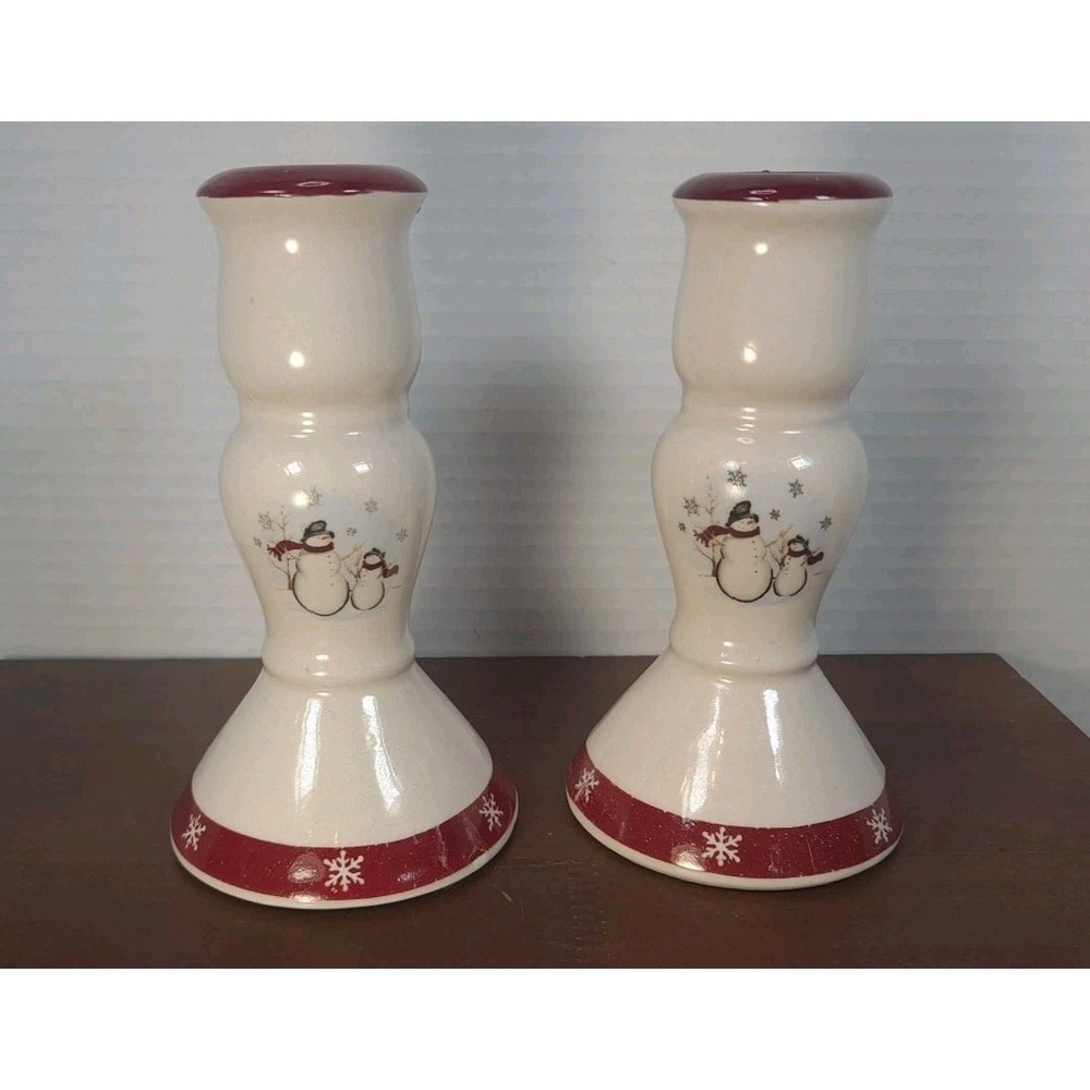 Set of 2 Royal Seasons Stoneware Jolly Snowman Candle Holders‎ Sticks 5-1/4"